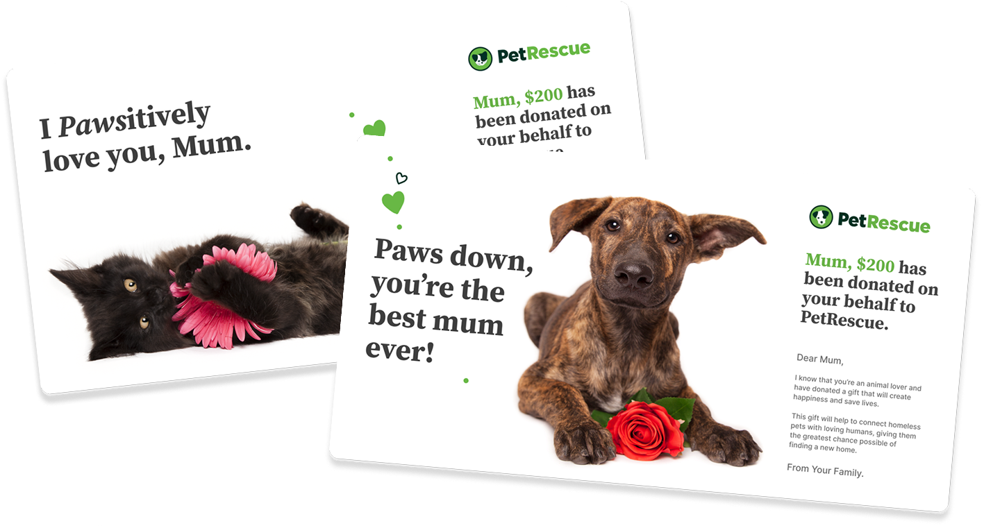2 Mothers day gift cards showing a cat and dog version with a custom message