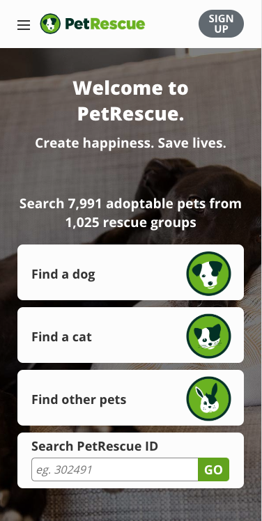 the mobile interface of www.petrescue.com.au