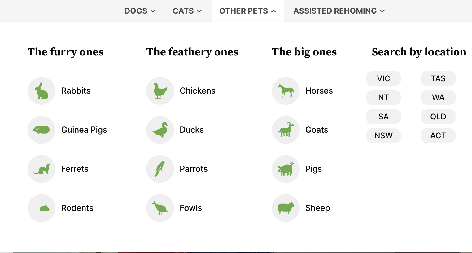 A screengrab of PetRescue's homepage menu linking of to different kinds of animals listed for adoption and location specific categories