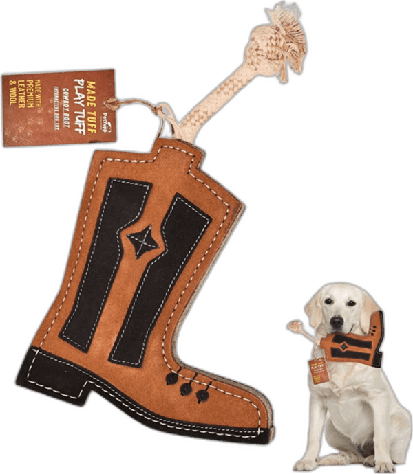 Cowboy Boot - Natural Leather Dog Toy for Aggressive Chewers Extra Thick Wool & Real Leather Stitched Chew Toy