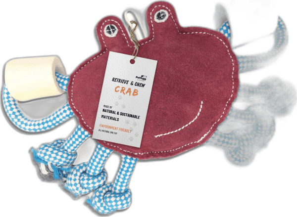 Crab - Real Leather Dog Toy with Jute Rope & Buffalo Bones Natural Coconut Fiber Filling Chew Toy for Puppies, Fetch & Tug Play