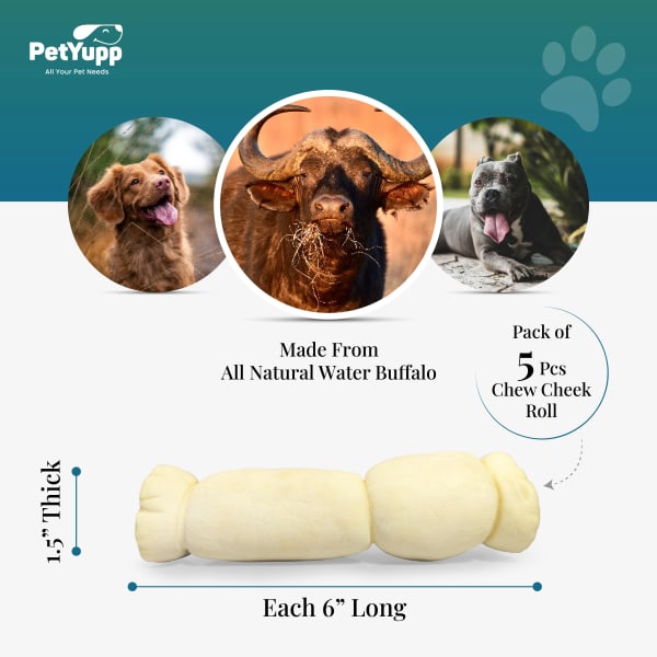100% Natural Water Buffalo Cheek Roll Dog Chew  - Pack of 5 Count, 6 Inch details