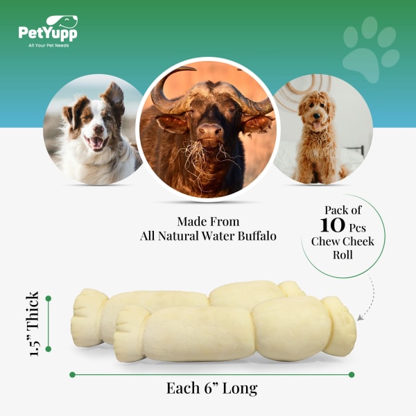 100% Natural Water Buffalo Cheek Roll Dog Chew  - Pack of 10 Count, 6 Inch details