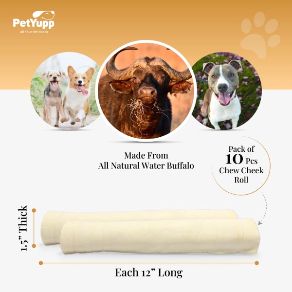 100% Natural Water Buffalo Cheek Roll Dog Chew  - Pack of 10 Count, 12 Inch details