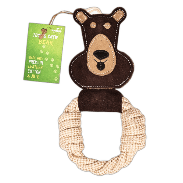 Cotton & Jute Toss-Tug Dog Toy with Genuine Leather - Bear