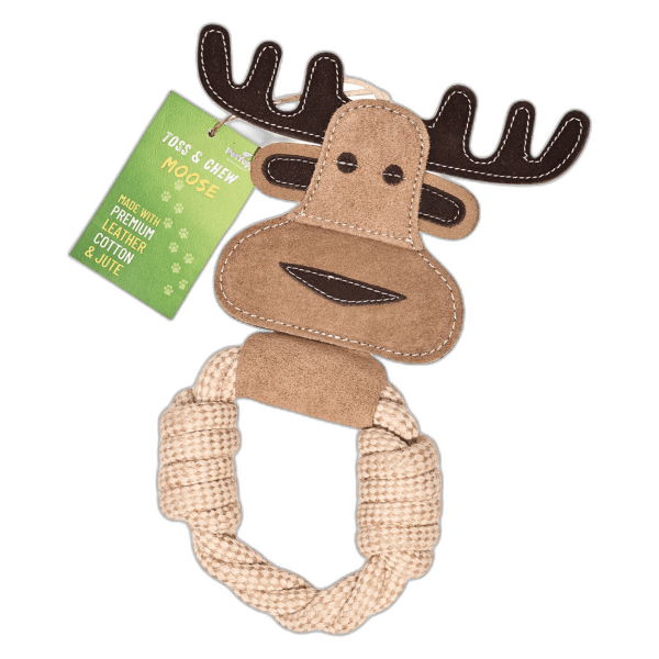 Cotton & Jute Toss-Tug Dog Toy with Genuine Leather - Moose