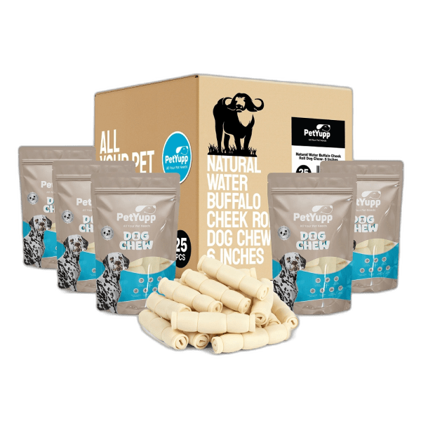 Dog Bulk Treats - Natural Water Buffalo Cheek Roll Dog Chew - 6 Inch - Pack of 25 Count