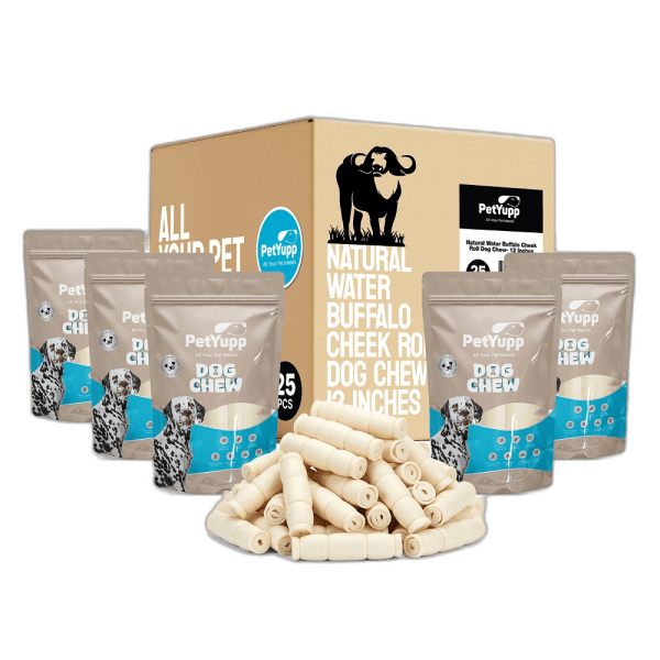 Dog Bulk Treats - 100% Natural Water Buffalo Cheek Roll Dog Chew - 12 Inch - Pack of 25 Count