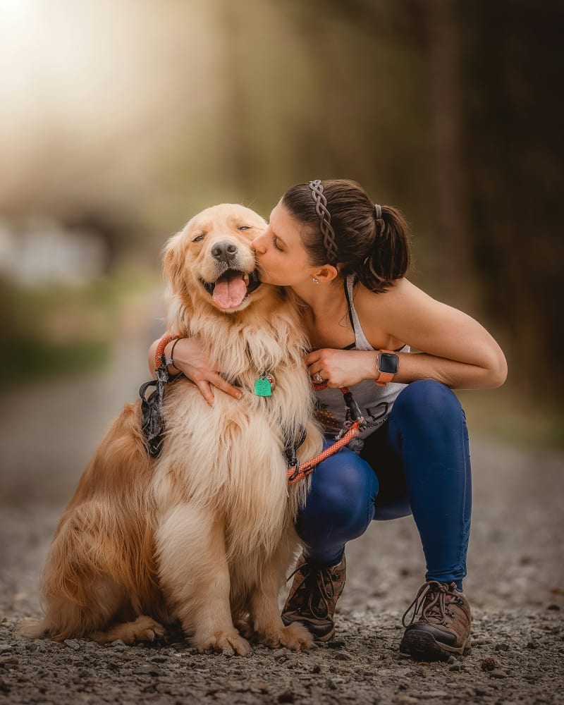 Happy dog parent kissing their golden retriever