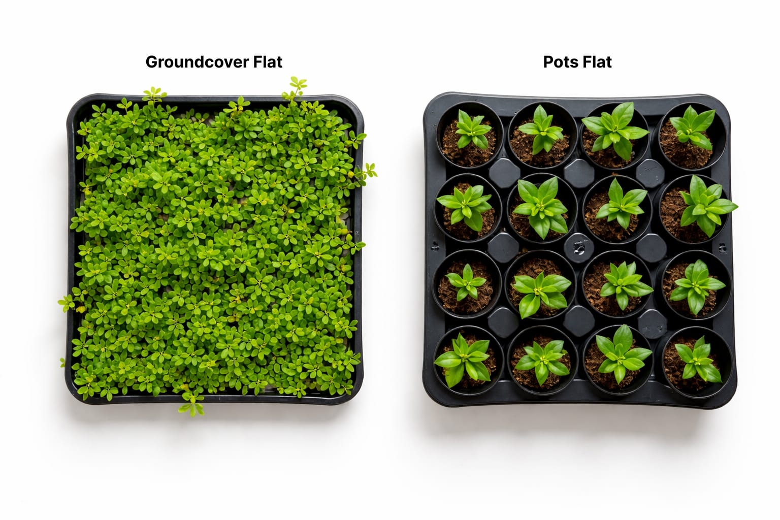 Side-by-side comparison of a groundcover cuttings flat and a 4-inch pots flat with titles