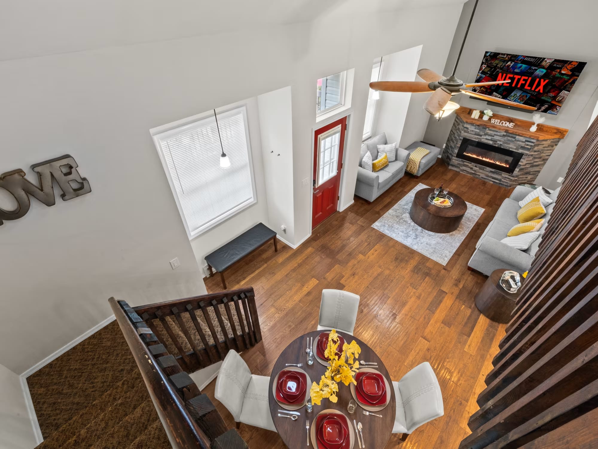 Pocono Lake Vacation Home Rental Pocono Lake Retreat Aerial shot living room and dining