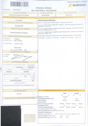 Procès-verbal du contrôle technique du Renault Kangoo