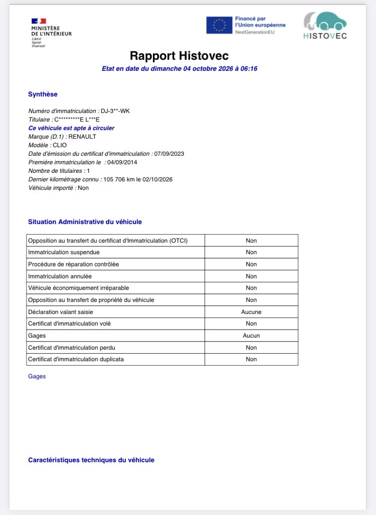 Renault Clio IV 1.5 dCi 90 de 2014 — Rapport HistoVec — page 1