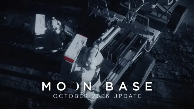 An illustration of two astronauts are working on the lunar surface next to a lunar rover. The astronauts are wearing white spacesuits with red stripes shown on the back of the suit. One astronaut is standing up and appears to be grabbing something off of the lunar rover and the other astronaut is kneeling down working on something.
