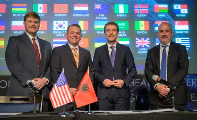 U.S. Deputy Assistant Secretary of State for Space and Environment Connor Tomlinson, left, NASA Deputy Administrator Matt Anderson, Albania’s Minister for Europe and Foreign Affairs Ferit Hoxha, and Ambassador of the Republic of Albania to the United States Ervin Bushati, right, are seen at the conclusion of an Artemis Accords signing ceremony Monday, September 21, 2026, at the Mary W. Jackson NASA Headquarters building in Washington. The Republic of Albania is the 73rd country to sign the Artemis Accords, which establish a practical set of principles to guide space exploration cooperation among nations participating in NASA’s Artemis program.