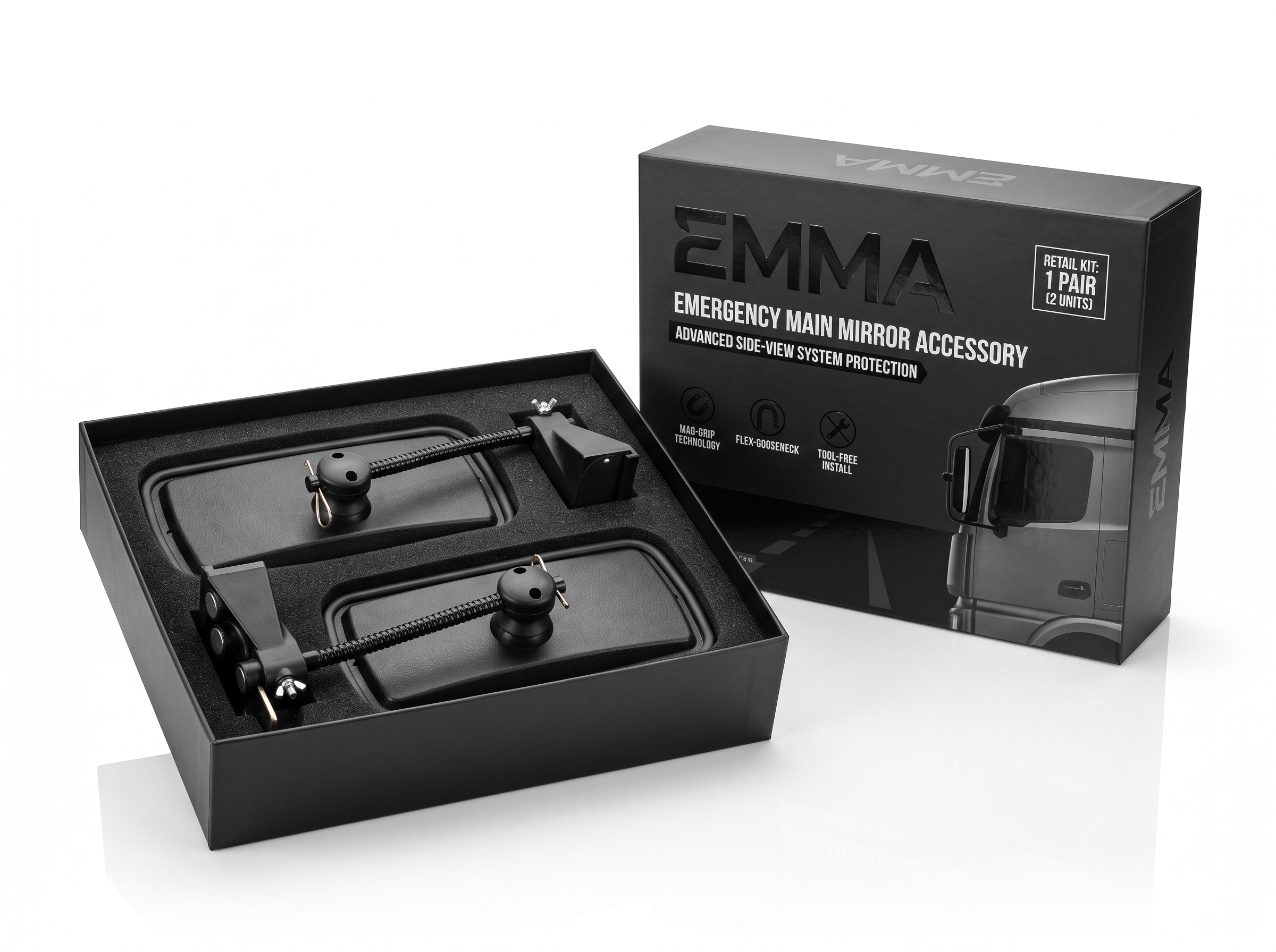 EMMA Emergency Main Mirror Accessory fitted to a commercial truck mirror arm