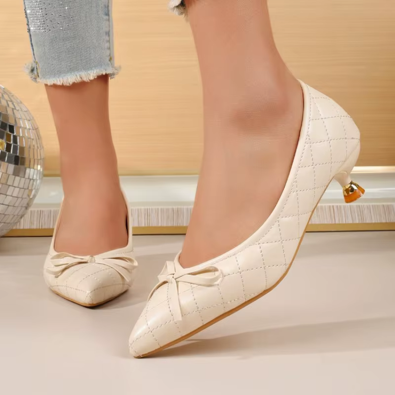 Vintage Women's Pointed Toe Bow Kitten Heels Pumps, Quilted Stiletto Heels for Office & Daily, Sexy Work Shoes Plus Size Leather