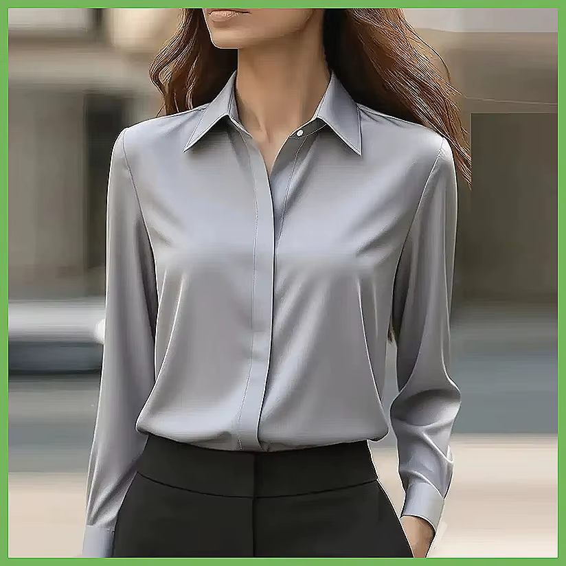 Women's Office Blouse – Long Sleeve Turn-Down Collar Formal Shirt | Solid Color Work Shirt in Blue, White, Black & Gray