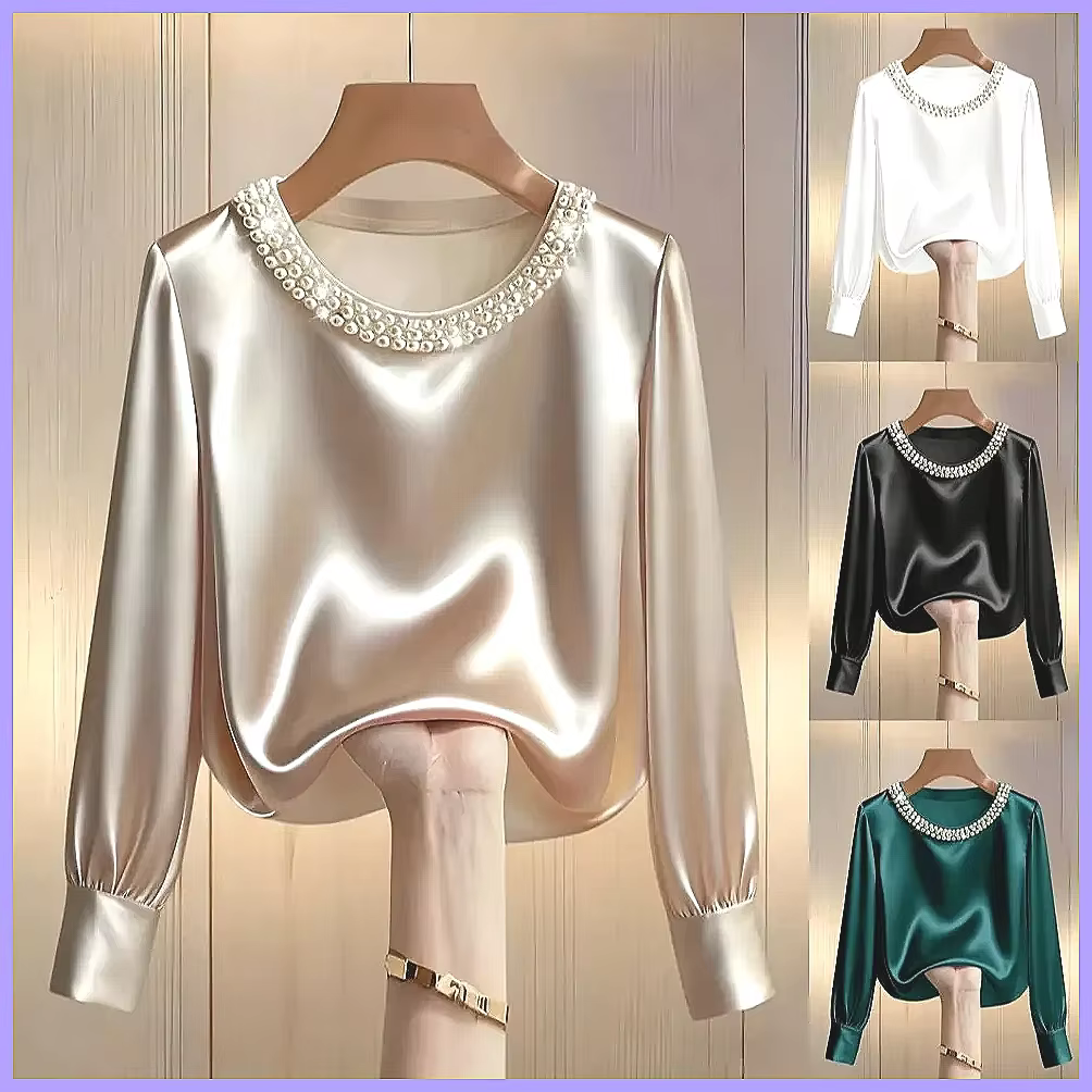 Women's Elegant Beaded Satin Blouse – Loose Fit Long Sleeve Silk Shirt Top