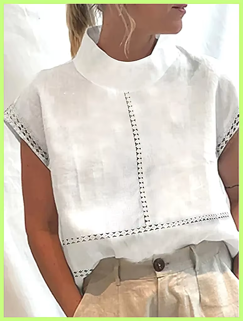 Women's Cotton Linen Pullover Shirt – Elegant Lace Trim Slim Fit Stand Collar Top for Summer Streetwear