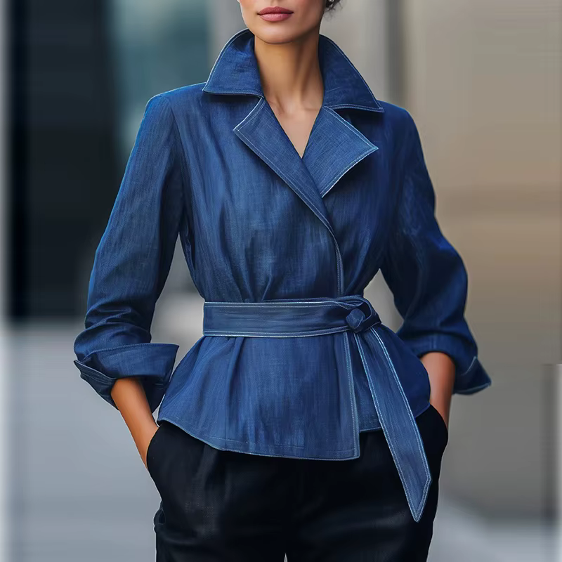 Women’s Vintage Denim Jacket with Belt – Casual Long-Sleeve Fall & Spring Outerwear