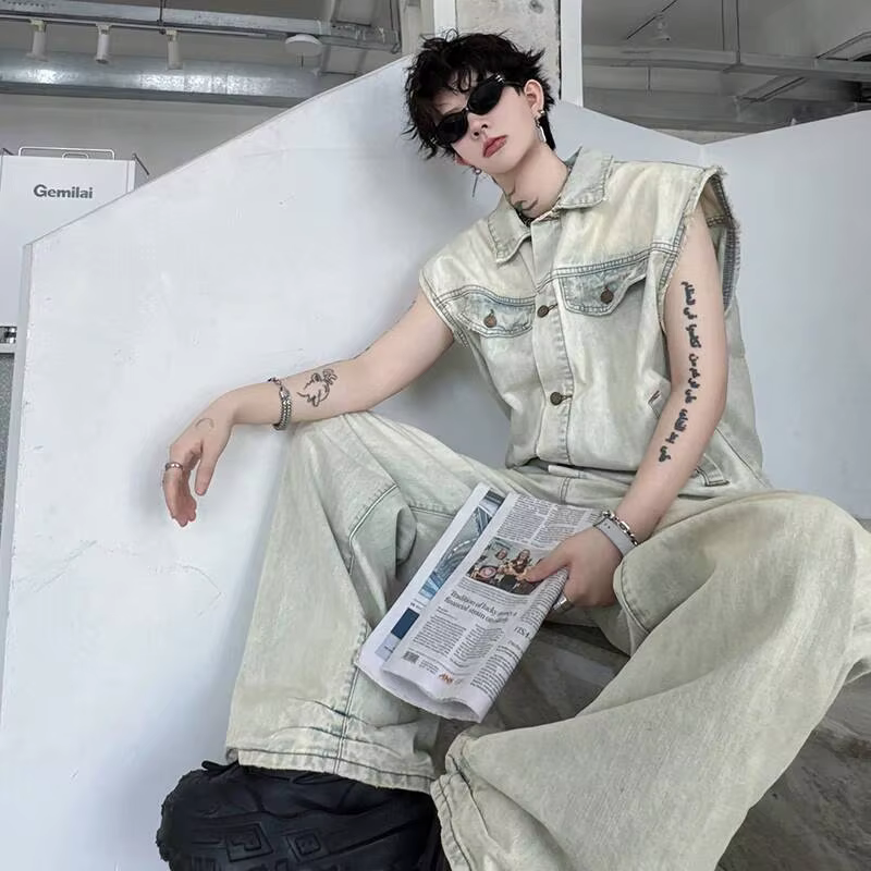 LUZHEN Men’s Summer Denim Two-Piece Set – Sleeveless Vest & Straight-Leg Jeans