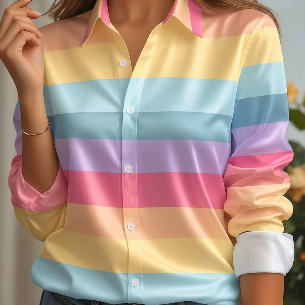 Women’s Satin Striped Blouse – Elegant Lapel Collar Long Sleeve Button-Front Shirt
