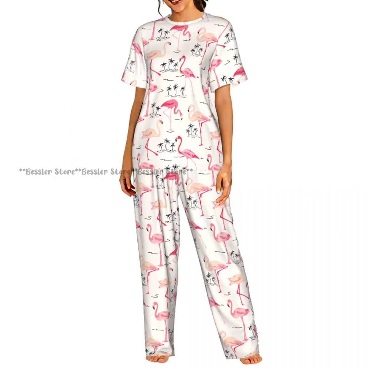 Women’s Flamingo Palm Tree Pajama Set – Retro Short Sleeve Lounge & Sleepwear