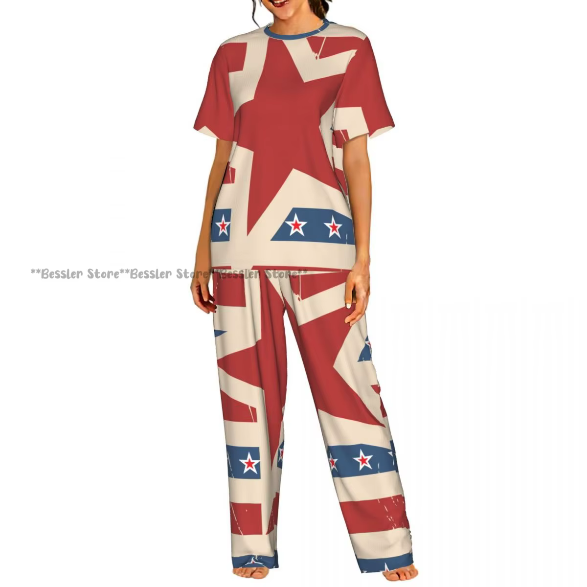 Women’s American Flag Pajama Set – Vintage Stars & Stripes Short Sleeve Sleepwear
