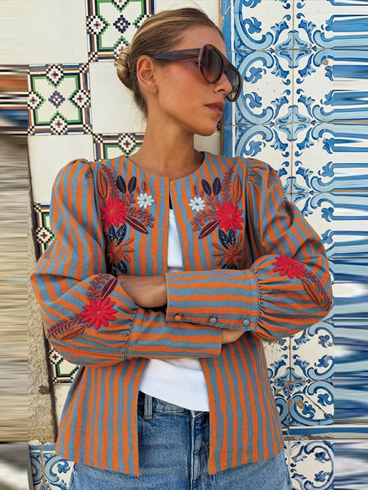 Women’s Embroidered Striped Jacket – Floral Long Sleeve Loose Fit Autumn Coat