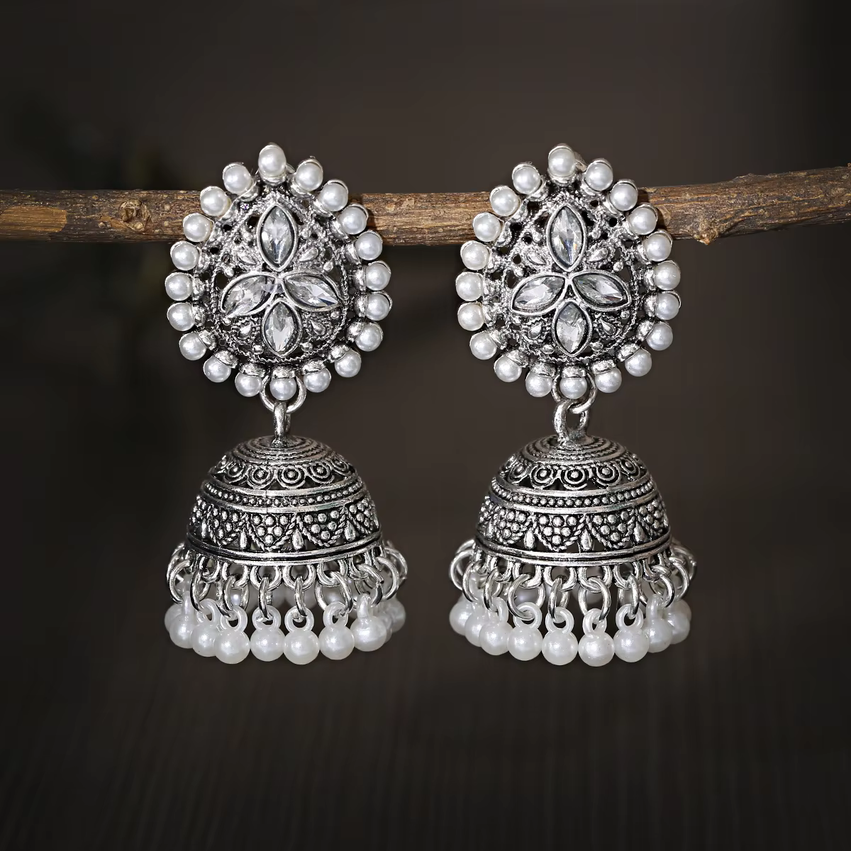 Silver Jhumka Earrings for Women | Indian Pearl Tassel Drop Earrings