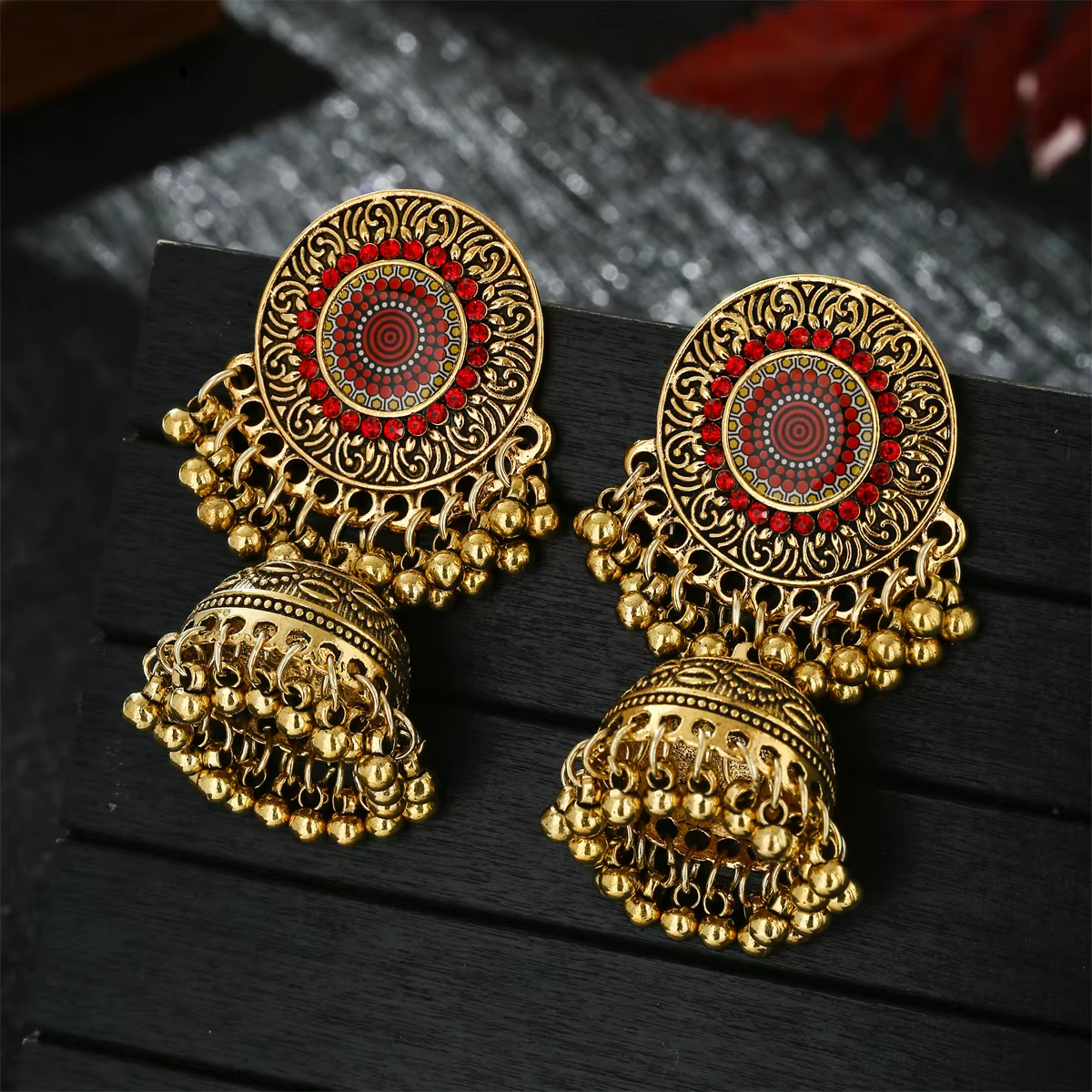 Gold Jhumka Earrings for Women | Red Flower Indian Bell Tassel Dangle Earrings