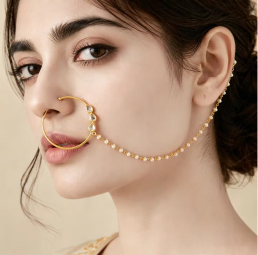 Kundan Nose Ring for Women | Non-Piercing Bridal Nath with Pearl Chain