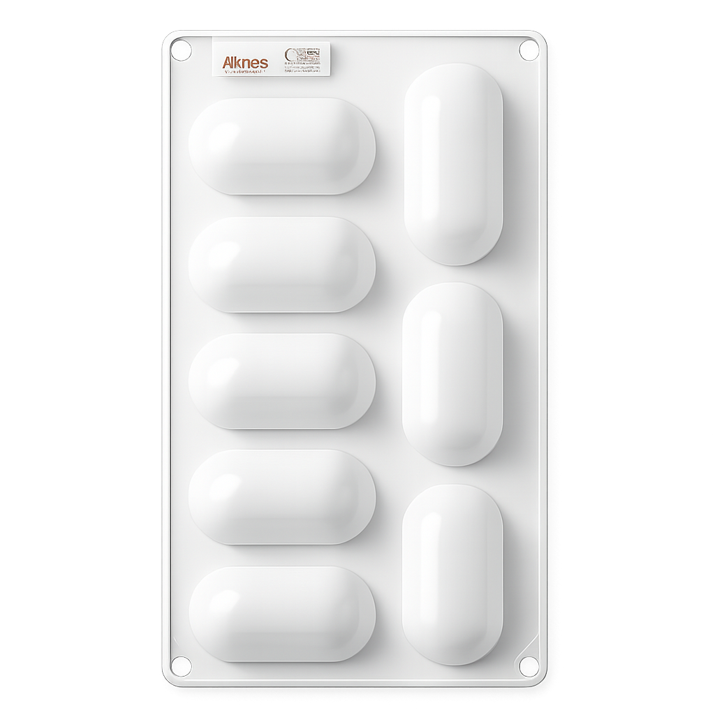 8 CAVITY LARGE CAPSULE SHAPED MOUSSE CAKE, CHOCOLATE, JELLY, CANDY SILICONE MOULD 1PC