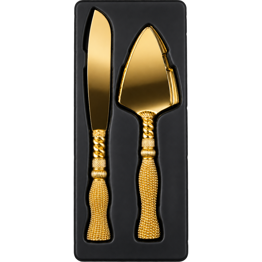 GOLDEN METAL CAKE KNIFE AND SERVING SPOON SET V3