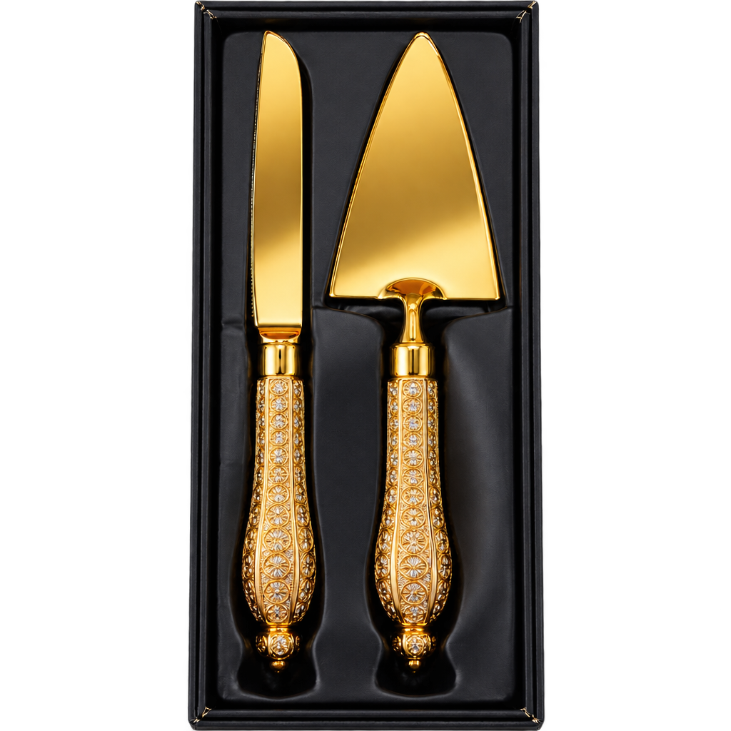 GOLDEN METAL CAKE KNIFE AND SERVING SPOON SET V1