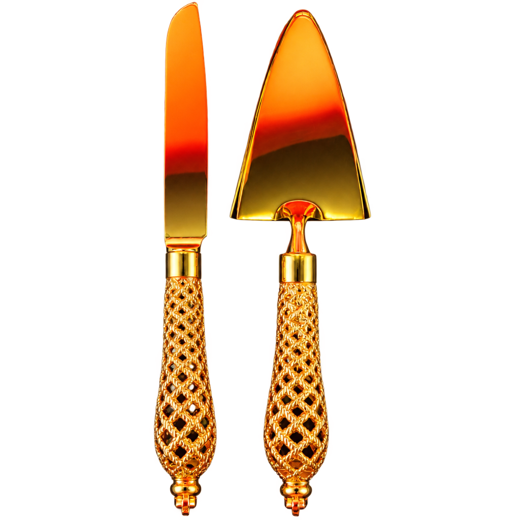 GOLDEN METAL CAKE KNIFE AND SERVING SPOON SET V2