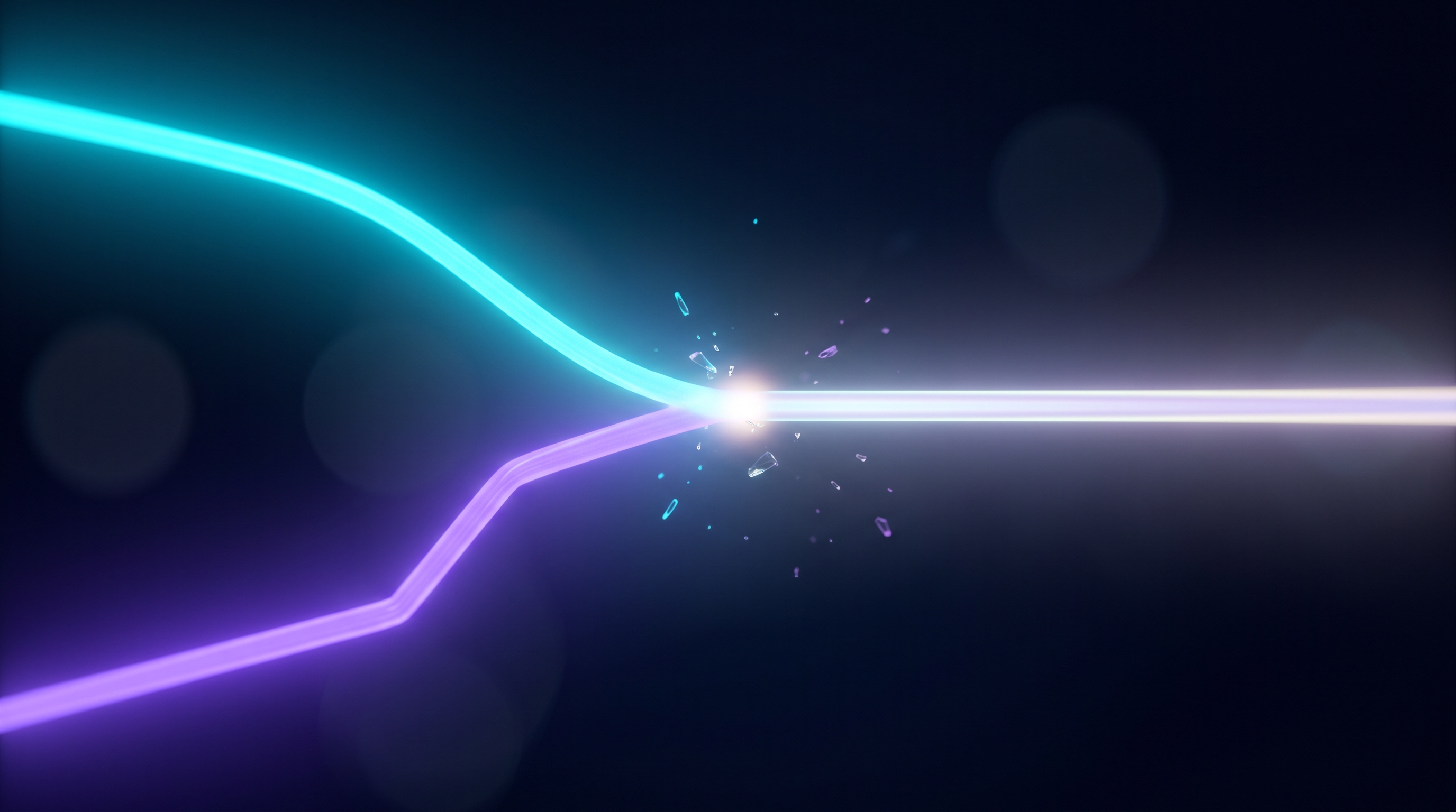 Two differently colored beams of light merging into one at a single bright junction point