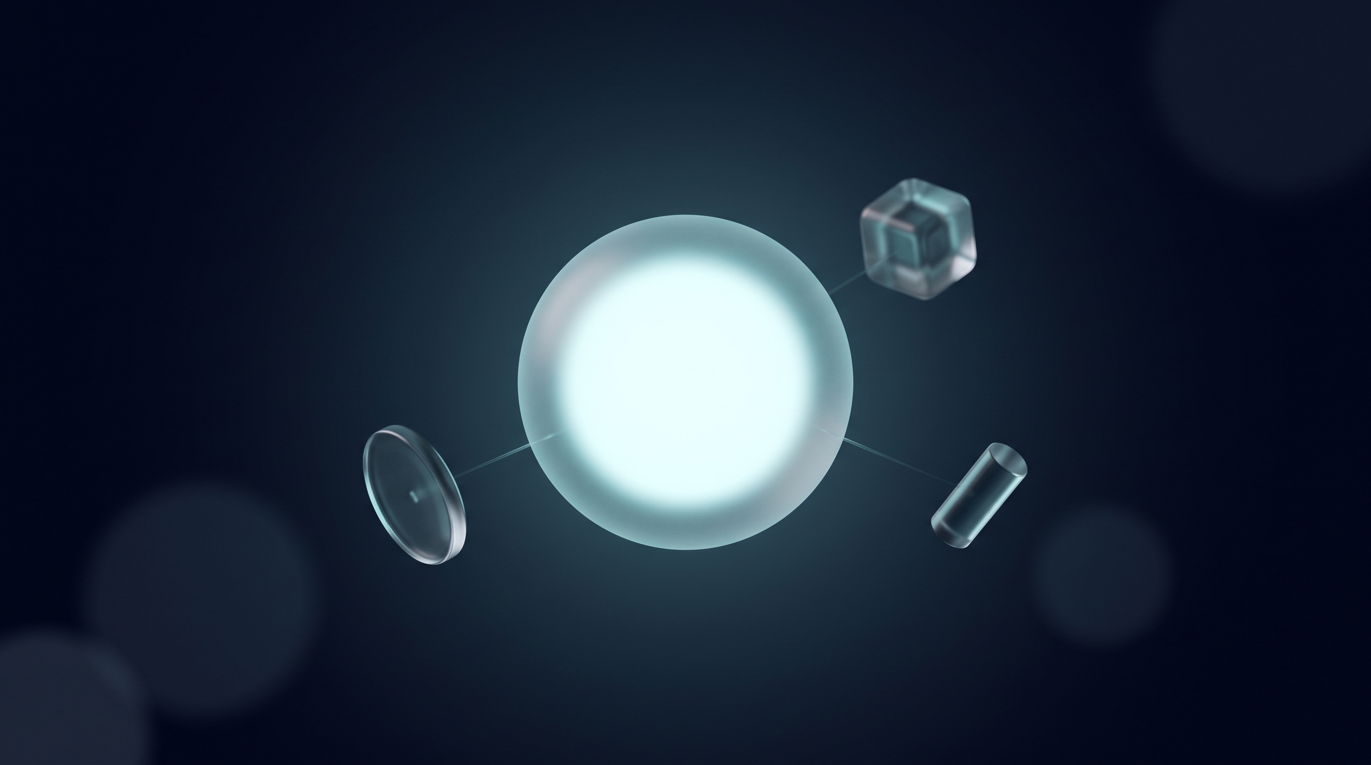 A glowing glass core sphere with three small optional tool modules orbiting at a distance
