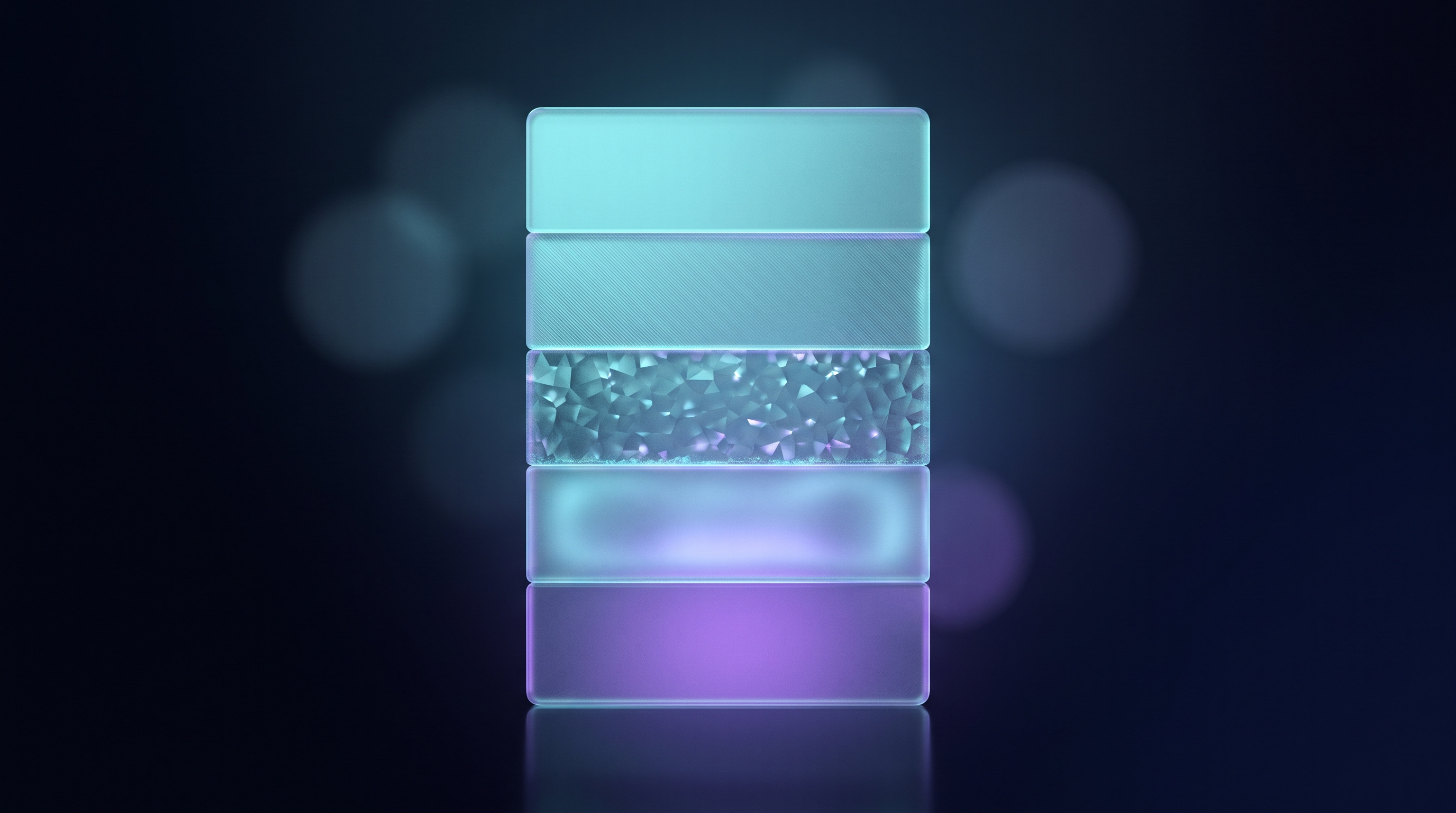 A vertical glass tablet divided into five distinct glowing horizontal bands