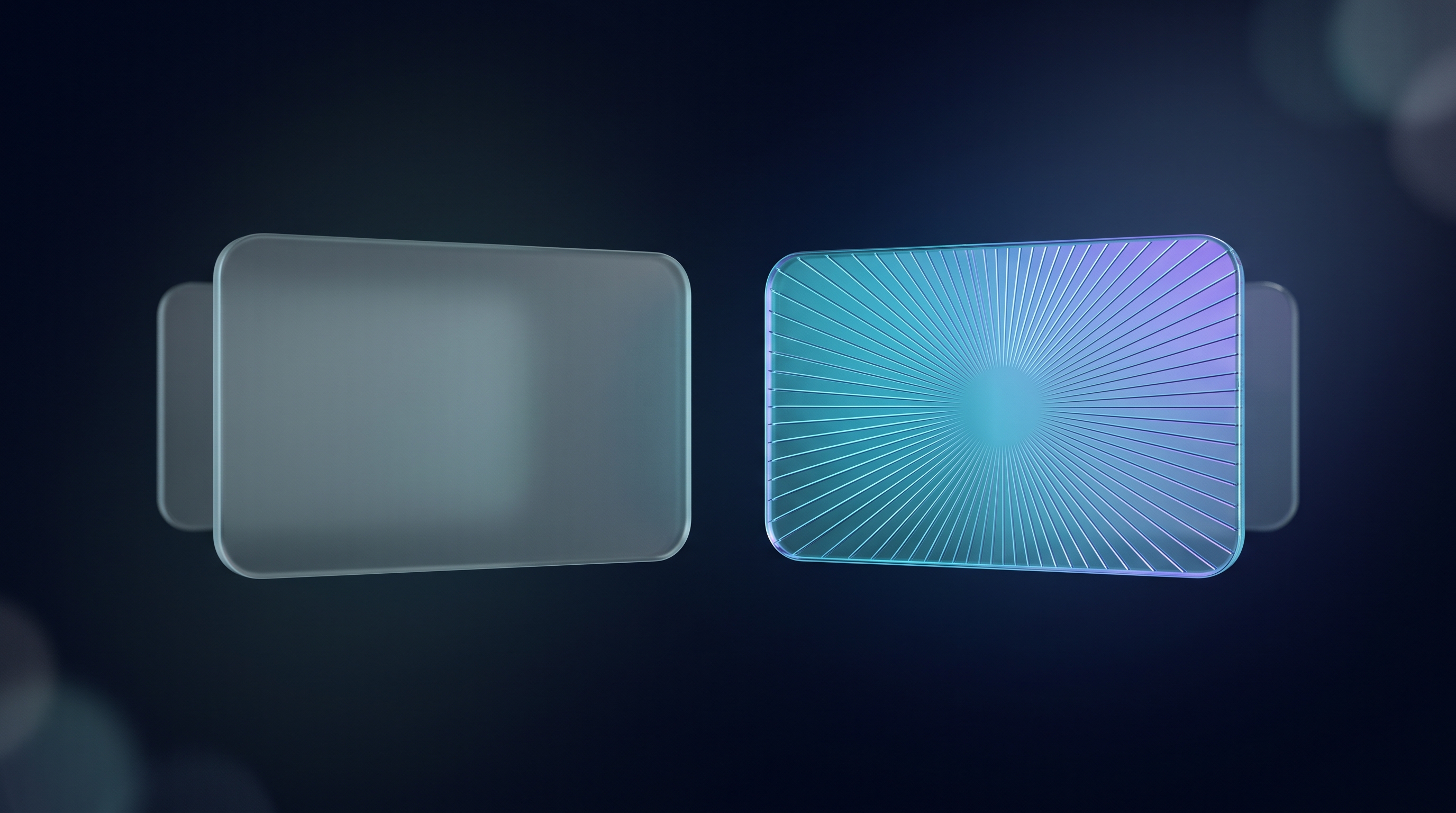 Two glass tags side by side, one plain and blending into a ghost twin, one etched and clearly distinct from its own ghost twin