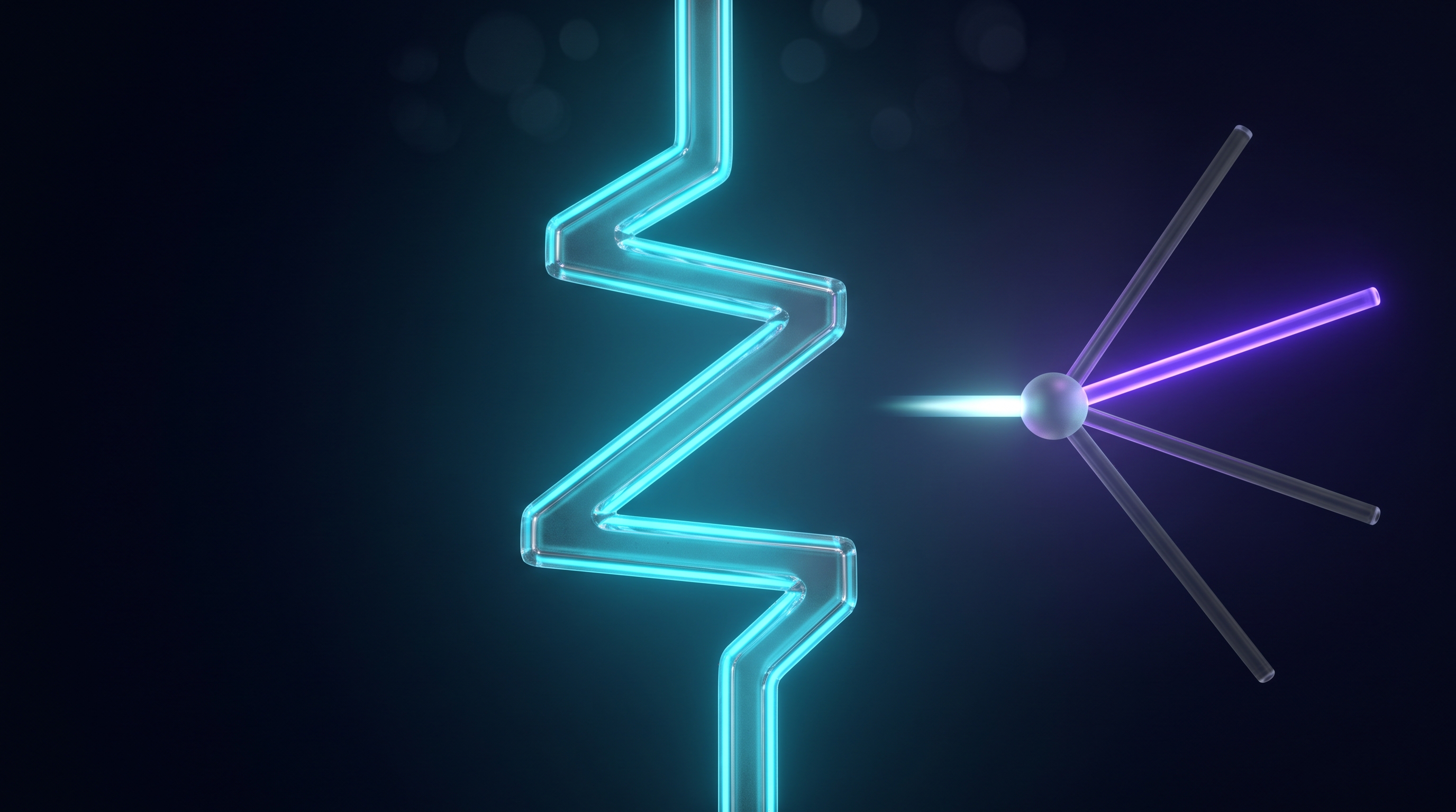 Figure 2: Four possible paths; the model lights up the one that fits. A glass core with four radiating paths, only one lit after receiving an input pulse