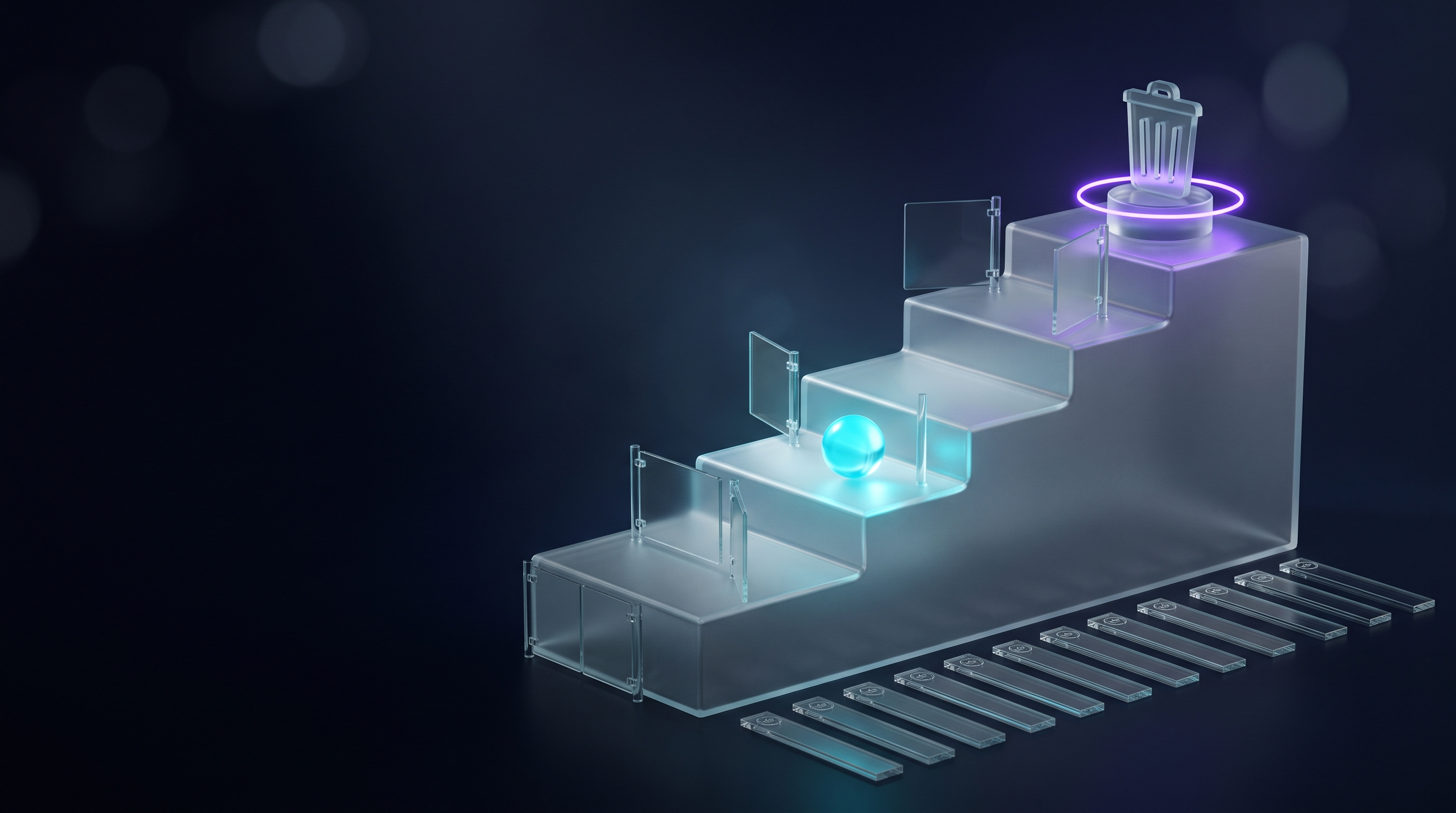 Figure 1: A destructive request waits for a human answer instead of running on the model's reading of the message. An expense ledger with several rows frozen behind a delete confirmation card while a glowing agent core waits