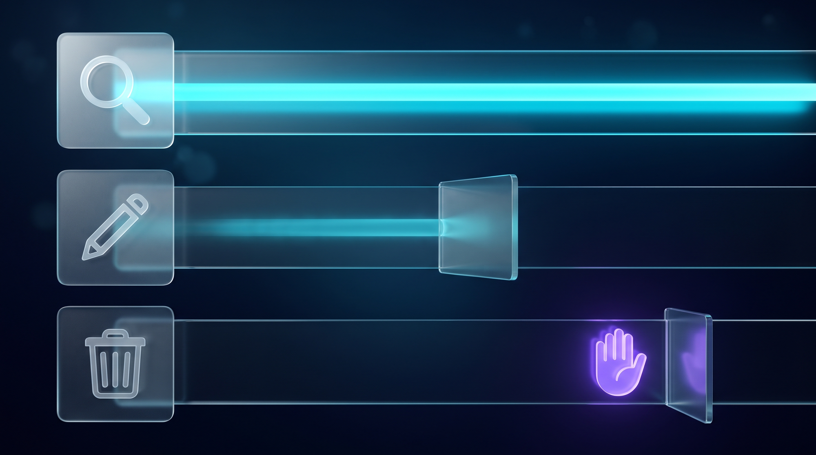 Figure 2: Reads pass freely, writes wait at a gate, irreversible actions need a human to open it. Three glass tool cards, magnifier, pencil and trash bin, feeding an open lane, a half-open gate and a closed gate with a palm-shaped approval switch