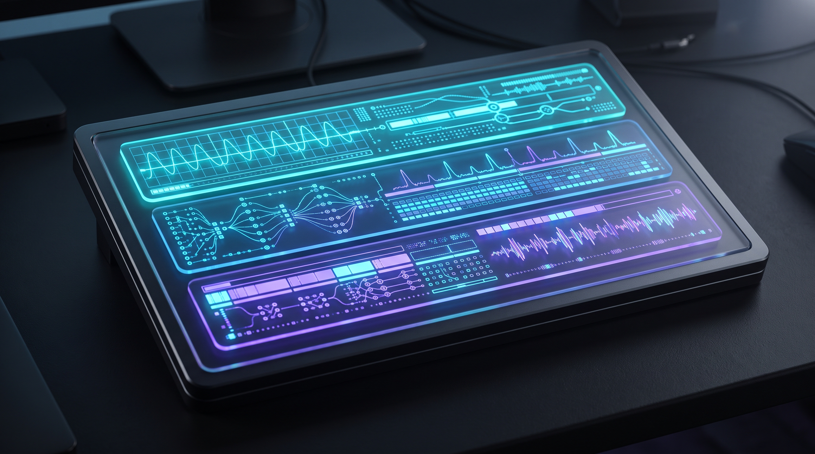 Inspecting structured AgentStepTrace logs in the React test console before wiring live LLM API keys. Dark-mode glassmorphism developer console displaying three stacked agent execution trace steps with timing waveforms