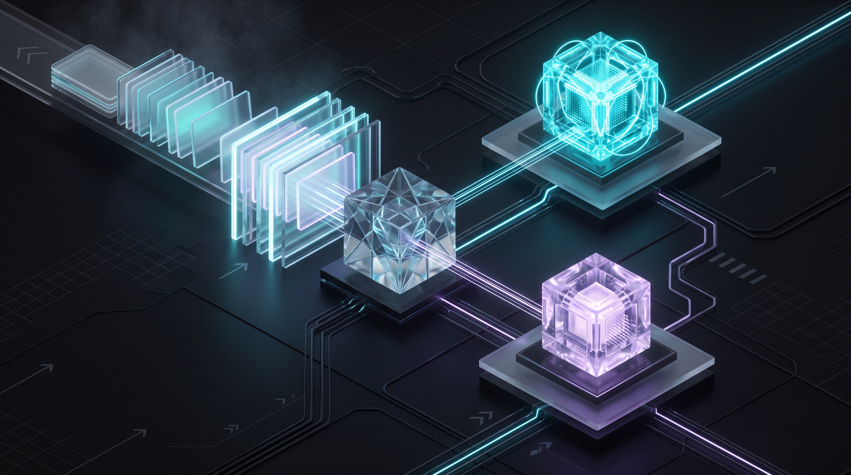 A unified server-side adapter normalizes system prompts, role alternation, and token metrics across OpenAI and Anthropic SDKs. 3D glassmorphism visualization of a unified LLM adapter routing sanitized message history to two distinct AI model cores in cyan and purple