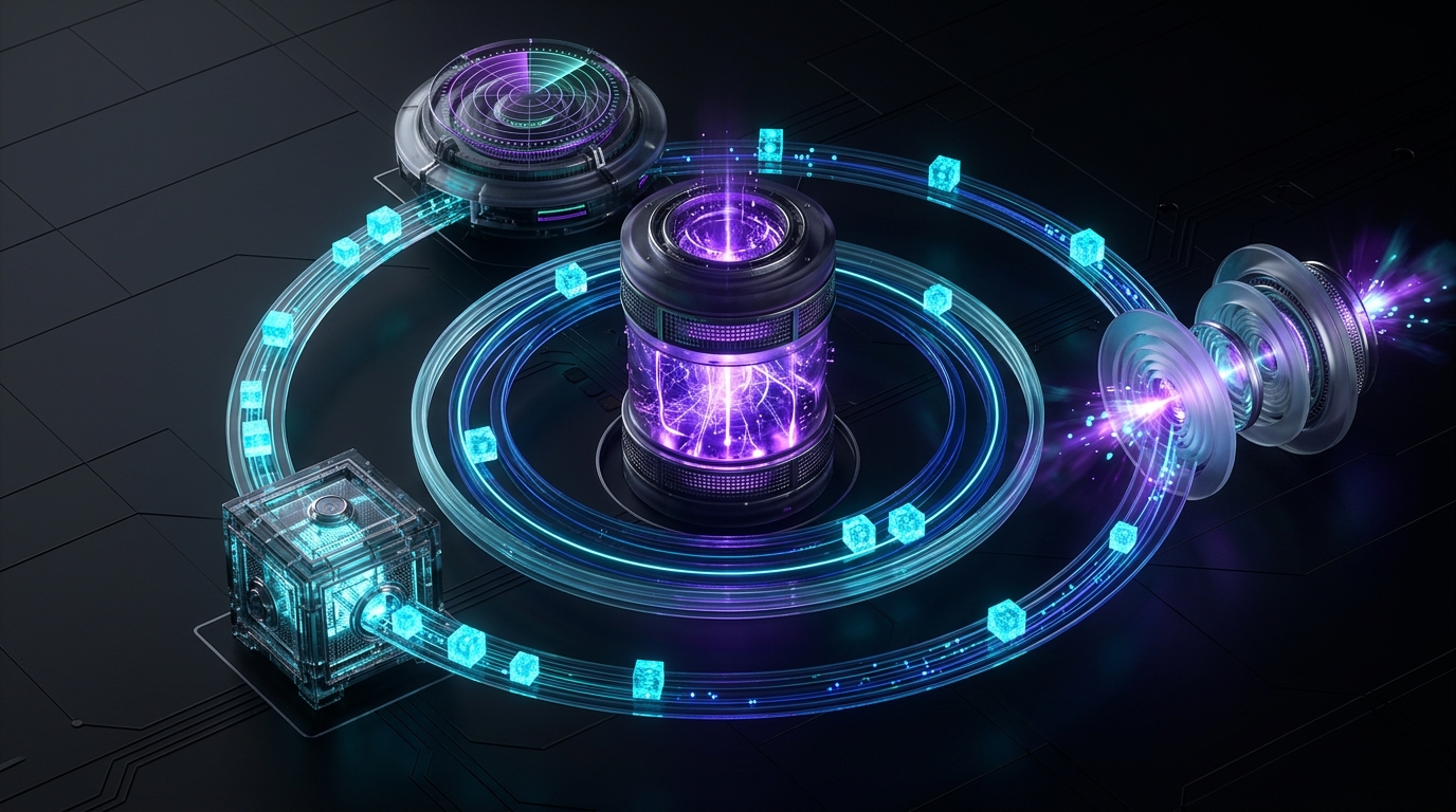 The agent_scratchpad acts as an iterative working memory buffer, feeding each step's tool observation directly into the next reasoning decision. 3D glassmorphism visualization of a central agent scratchpad cylinder coordinating three sequential tool execution rings in cyan and purple