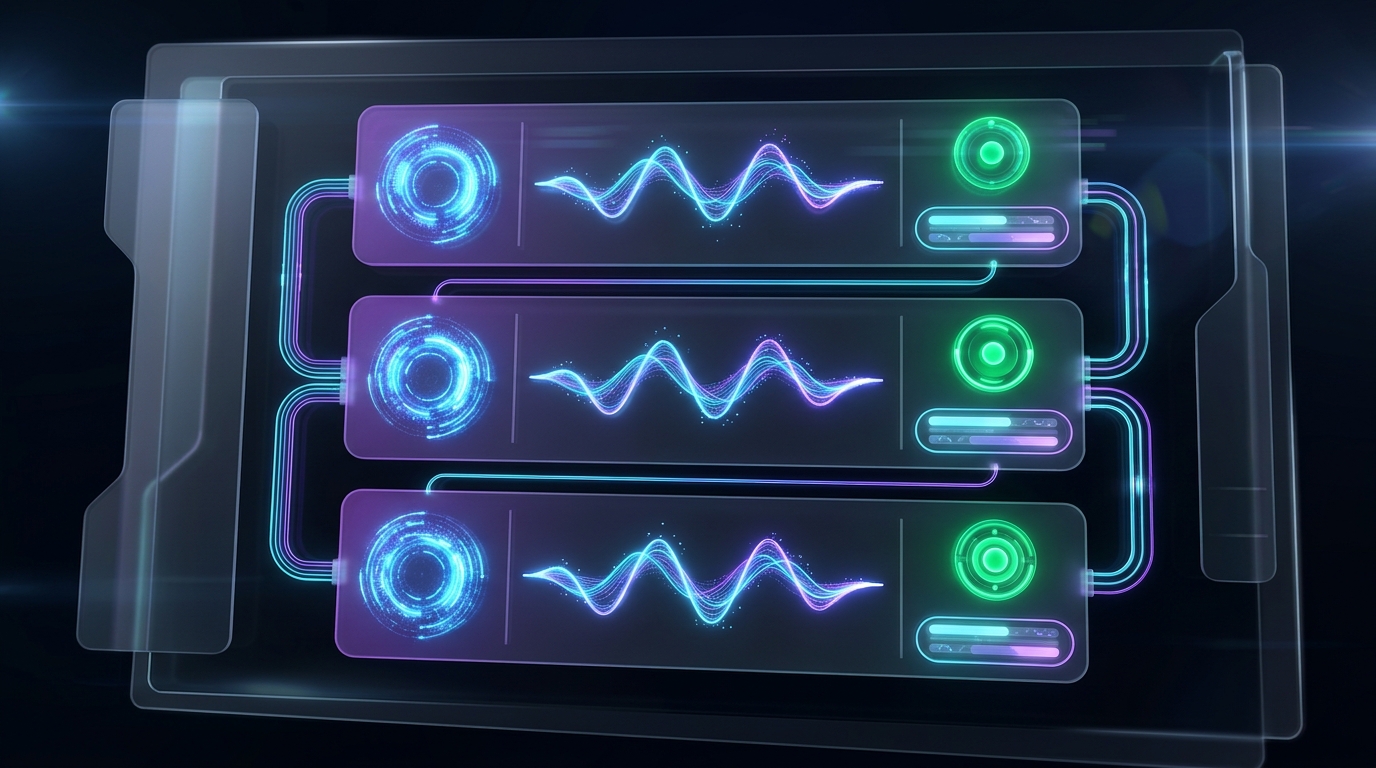 Visualizing intermediateSteps from AgentExecutor as chained reasoning cards in our Next.js diagnostic console. Dark frosted glass diagnostic console showing three vertically chained multi-step reasoning cards connected by glowing fiber lines