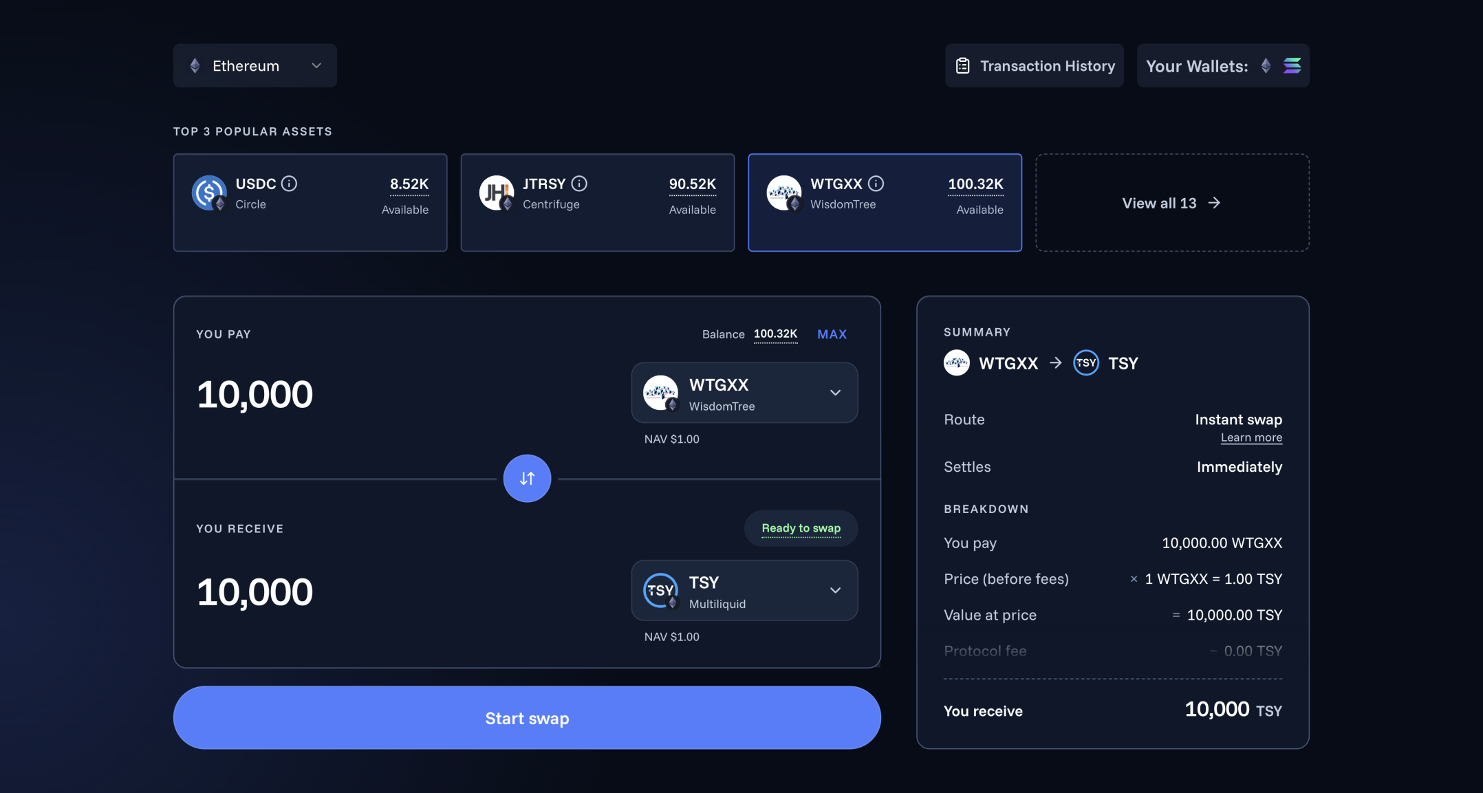 The Multiliquid swap screen: 10,000 WTGXX converting to 10,000 TSY at NAV as an instant swap, with the fee breakdown.