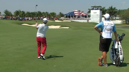 Andy Sullivan's approach crashes into the flagstick at Cadillac Championship